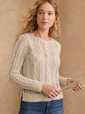 Garnet Hill linen & organic cotton cabled pullover top in ecru S